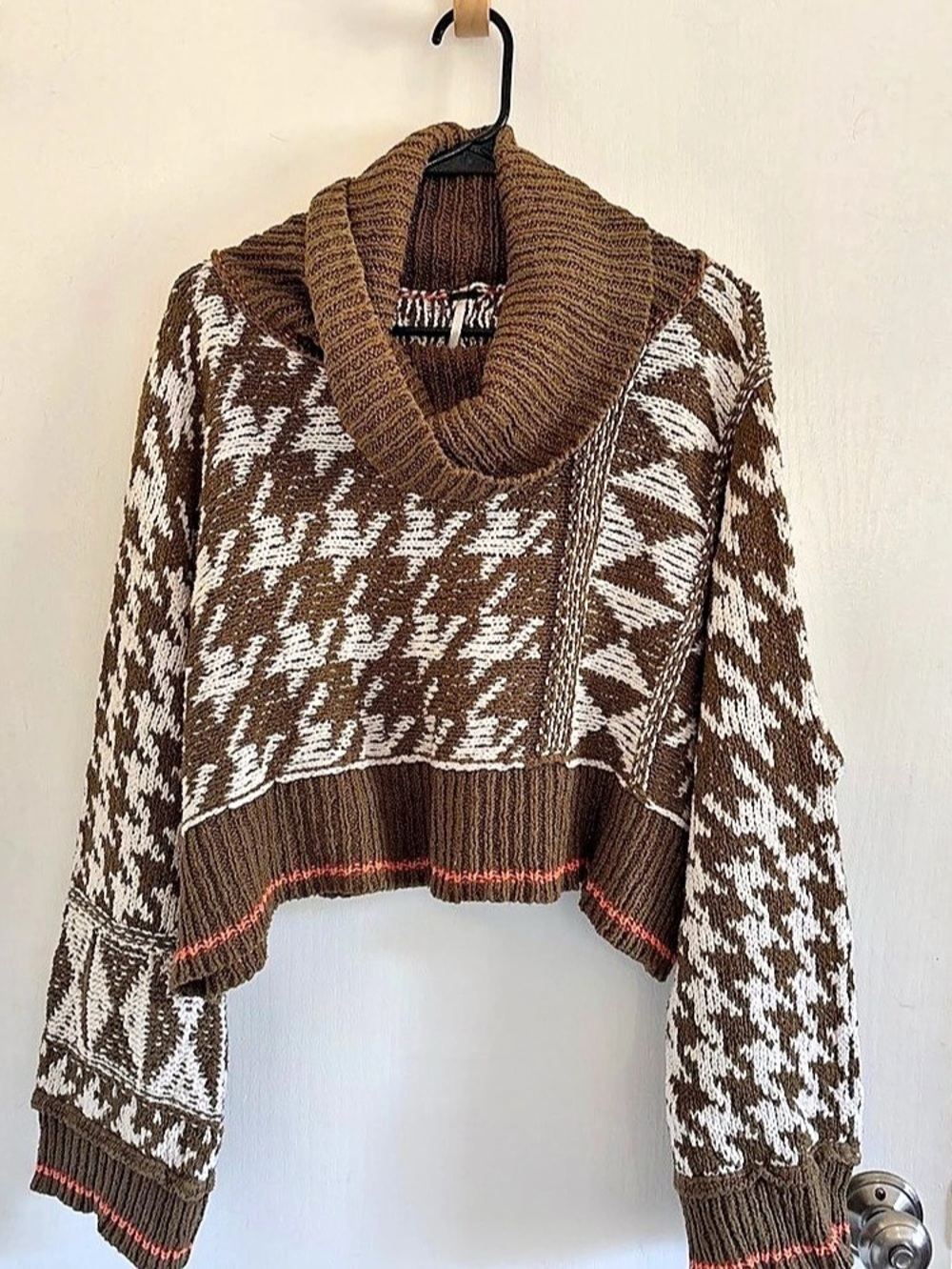 Free People Cocoon Cowl Pullover Brown & White Sweater
